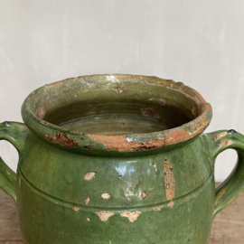 AW20110941 Antique 19th century French confit pot in beautiful weathered condition. Has a superficial old tear (see photos 7 & 8), but no breakage. Size: 29 cm. high / 20.5 cm. cross section