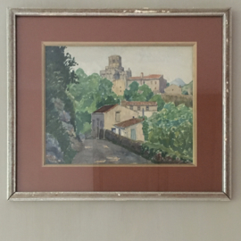 OV20110683 Old French watercolor of picturesque village in frame in beautiful condition! Size: 44 cm. wide / 38 cm. high.