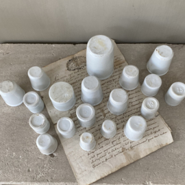 AW20111004 Set of 19 old French apothecary jars in different sizes in beautiful condition! Size: Largest: 8.5 cm high / Smallest 3 cm. high