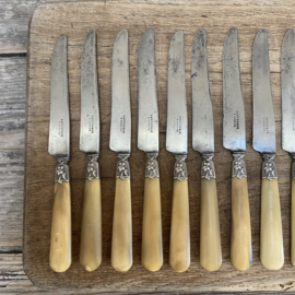 OV20111106 Set of 11 old French cheese or butter knives with beautiful, simple floral detail, marked - Lafforgue - made in the southern French village of Condom. All in beautiful, still usable condition! Size: 19.5 cm long.