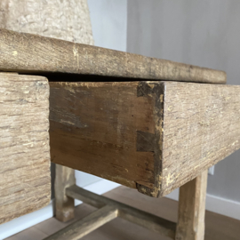 OV20110907 Antique French farmhouse table made of solid oak with 2 deep drawers, beautifully aged. Size: 1.64 mtr. long x 76 cm high x 83 cm. deep. Pick up in store or delivery within NL for a fee.