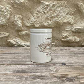 AW20111298 Antique French Félix Potin Paris confiture pot period: late 19th century early 20th century. Model depicting the Pantin and La Vilette factories...in beautiful condition! Size: 13.5 cm high / 9.5 cm cross section