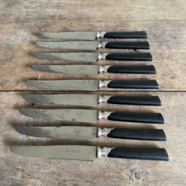 OV20110938 Set of 9 old Belgian knives with bakelite handle and stainless steel blade mark - L.Boland Liège - period: 1900-1925. Has a sober decoration in beautiful weathered condition! Size 24.5 cm long