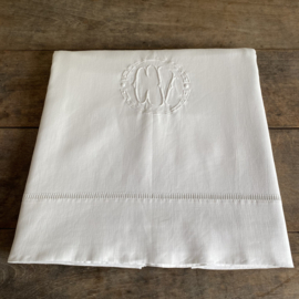 LI20110042 Old French pure white bed sheet cotton/linen with beautiful monogram - C V - and in beautiful condition! Size: 3.25 long / 2.40 wide