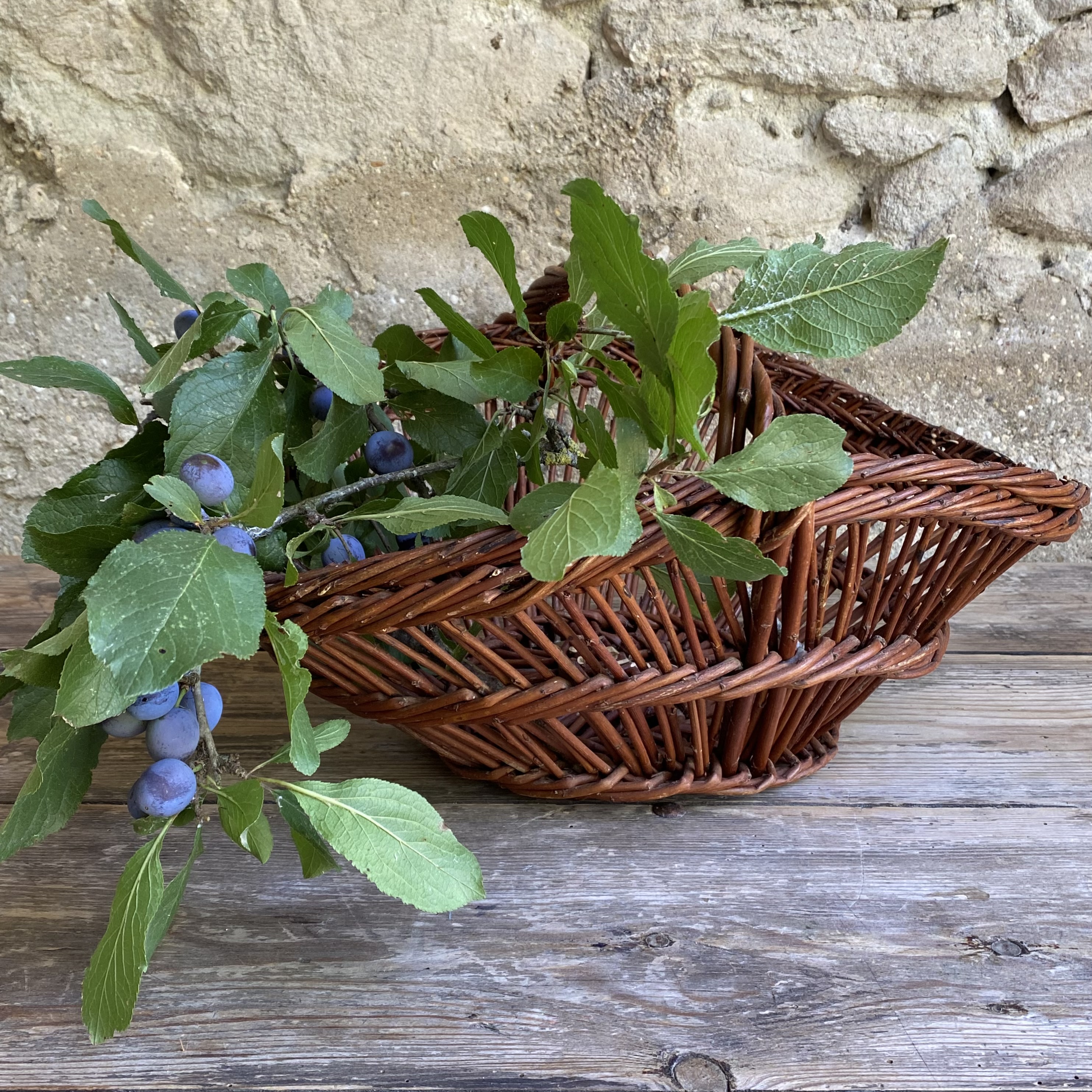 BU20110179 Oude traditionele Franse oogstmand van gevlochten wilgenteen in prachtige staat! Afmeting: 47 cm lang /  21 cm hoog (tot hengsel) / 33 cm doorsnede