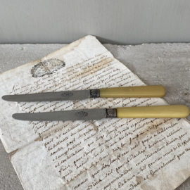 OV20110821 Set of 2 old French cheese knives, stainless steel blade with presumably yellow bakelite handle. In beautiful, still usable condition! Size: 20.5 cm. long