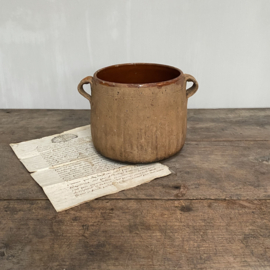 AW20110982 Old French rustic earthenware cooking pot. Beautifully aged, but still in perfect condition! Size: 13.5 cm. high / 14.5 cm. cross section