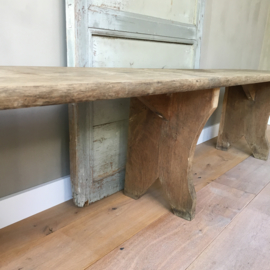 OV20110519 Heavy old oak French monastery bench with nice wide seat in beautifully weathered condition! Dimensions: 2. 45 m. long / 49.5 m high / 36 cm. deep. Only pick up or delivery for a fee.