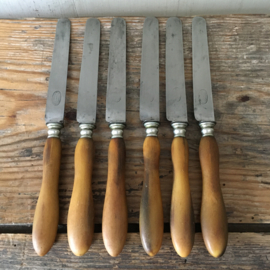 OV20110587 set of 6 antique French cheese knives with bone handles, inscription - medal d 'argent Paris - in beautiful condition! Dimensions: 20 cm. long / 1.5 cm. wide.