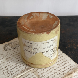 AW20110898 Antique handmade French Novia confiture jar yellow glazed mark N.V. with partly the original labels! In perfect condition! Size: 10 cm. high / 9 cm. cross section