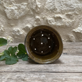 AW20111317 Old French tall cheese mold with a special green/ochre-yellow glazed interior in beautiful condition! Size: 11.5 cm high / 12 cm cross section