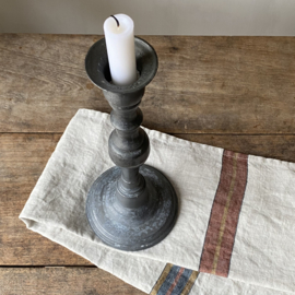 OV20110978 Antique French pewter candlestick holder. Beautiful high model, heavy duty and beautifully weathered by use. Size: 31.5 cm high / 12.5 cm cross section (base) / 5.5 cm cross section candle holder.