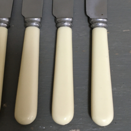 OV20110710 Set of 12 old sober Belgian dessert knives from the 1920s with probably bakelite handle. one has hairline (see photo 7), otherwise in perfect, usable condition! Size: 20 cm. long / 1.5 cm. wide.