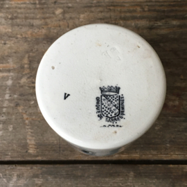 AW20110666 Grote antieke Franse mosterdpot Grey-Poupon stempel - Opaque de Sarreguemines -  periode: 1875-1900 heeft 2 oude haarlijnen (zie foto's 3 & 5) verder in prachtige staat! Afmeting: 12,5 cm. hoog / 7 cm. doorsnede.