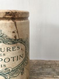 AW20110358 Old beautifully buttered Felix Potin Paris confiture pot in beautiful condition. The old crack (see photo) is part of his past .... Size: 13 cm. high / 9 cm. section.