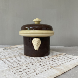 AW20110376 Late 19th century French paté pot in deep dark brown and pale yellow size: 12 in perfect condition! Size: 7.5 cm. high / 10 cm. cross section.