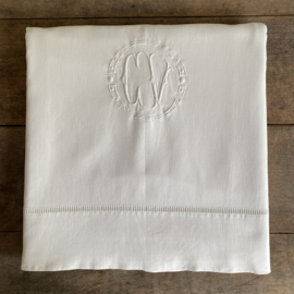 LI20110042 Old French pure white bed sheet cotton/linen with beautiful monogram - C V - and in beautiful condition! Size: 3.25 long / 2.40 wide