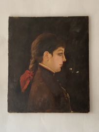 OV20111056 Old French oil painting of a lady with a braid in beautiful earthy colors. See detailed  photos for condition. Size: 55.5 cm high / 46.5 cm wide / +/- 1.5 cm thick