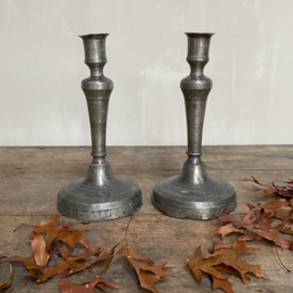 OV20110865 Set of antique French pewter candlesticks holders In beautiful weathered condition! Size: 25 cm. high / 12.5 cross section (feet)