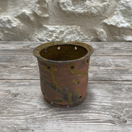 AW20111317 Old French tall cheese mold with a special green/ochre-yellow glazed interior in beautiful condition! Size: 11.5 cm high / 12 cm cross section