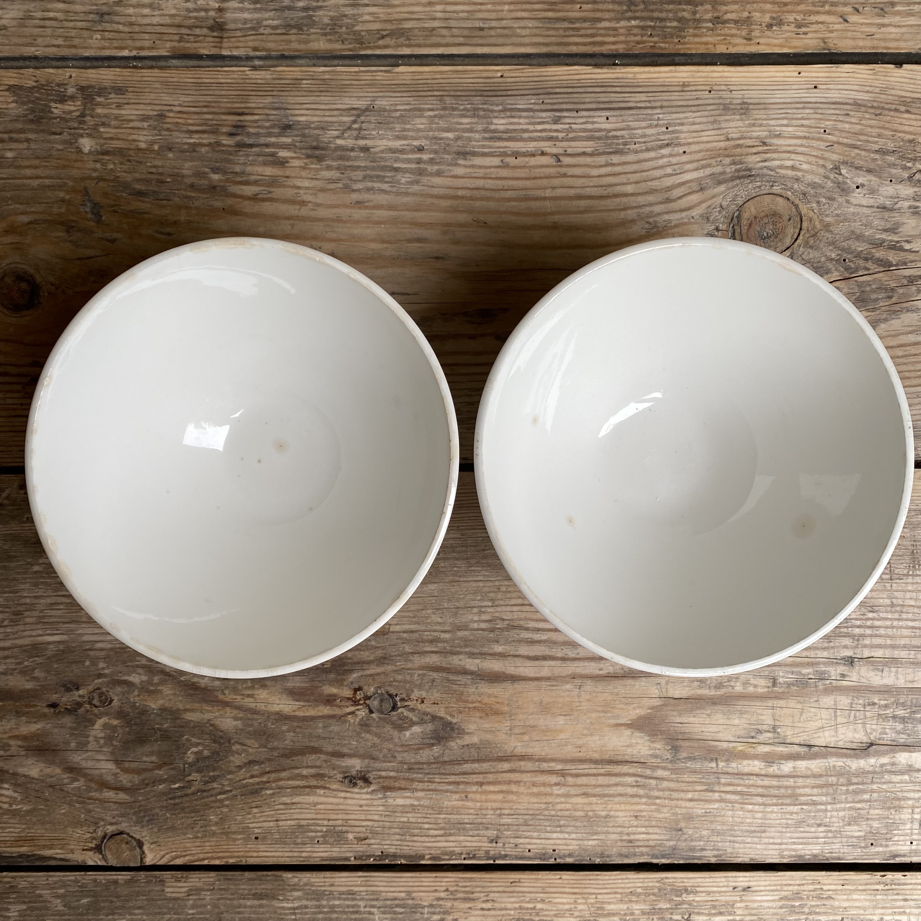 AW2011134 Set of two large, old French café au lait bowls with blind stamps in beautiful condition! Size: 9 cm high / 16 cm cross section