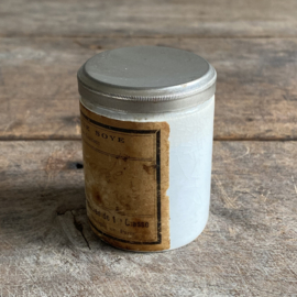 AW20111137 Antique French pharmacy jar from Paris contents: 80 grams with beautifully weathered original label and lid in beautiful condition! Size: 6.5 cm high / 4.5 cm cross section