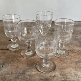OV20110960 Set of 5 different French antique - Souvenir la Fête & Amitié mouth glass wine glasses in beautiful condition! Size: +/- 13-14 cm high / +/- 7 cm cross section