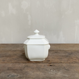 AW20111028 Antique French sugar jar with lid, period: 19th century, minimal chip at the bottom of the lid, otherwise in beautiful condition! Size: 12.5 cm. long / 16 cm. high (up to handle) / 10 cm. wide.