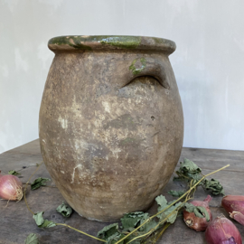 AW20111038 Grote antieke Franse pot, prachtig verweerd met mosgroen geglazuurde binnenzijde - periode: eind 19de eeuw in prachtige staat! Afmeting: 29 cm. hoog / 20 cm. doorsnede.
