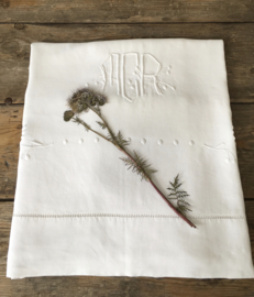 LI20110029 Antique French linen sheet with monogram - MCR - finished with lace edge in beautiful condition! / Size: 240x 300 cm.