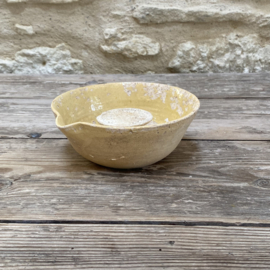AW20111300 Old French pouring bowl used for making cheese....beautifully glazed in soft yellow and in wonderfully weathered condition! Size: 16 cm cross section / +/- 6.5 cm high