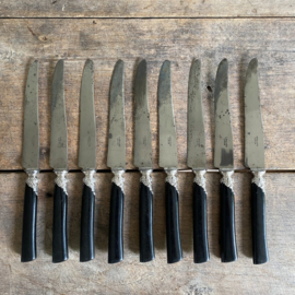 OV20110938 Set of 9 old Belgian knives with bakelite handle and stainless steel blade mark - L.Boland Liège - period: 1900-1925. Has a sober decoration in beautiful weathered condition! Size 24.5 cm long