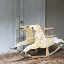 OV120110638 Old French wooden rocking horse from the 1960s in beautifully weathered earthy colors and in beautiful condition! / Size: 50 cm. high / 1 mtr. long. Pickup only.