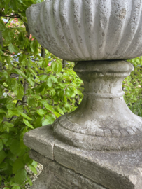 BU20110093 Large antique French concrete garden vase including pedestal in beautiful weathered condition! Size: 92 cm. high / 55 cm. intersection. Only pick up or delivery within NL for a fee.