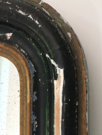 OV20110630 Antique French Louis Philippe style mirror with original beautifully weathered mirror glass. Profiling of wood frame with pâte layer in worn black. Period: 19th century. Size: 74.5 cm. high / 47.5 cm. wide. Pickup only.