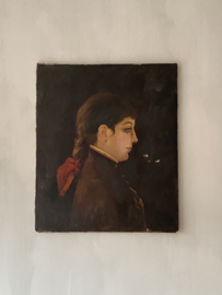 OV20111056 Old French oil painting of a lady with a braid in beautiful earthy colors. See detailed  photos for condition. Size: 55.5 cm high / 46.5 cm wide / +/- 1.5 cm thick