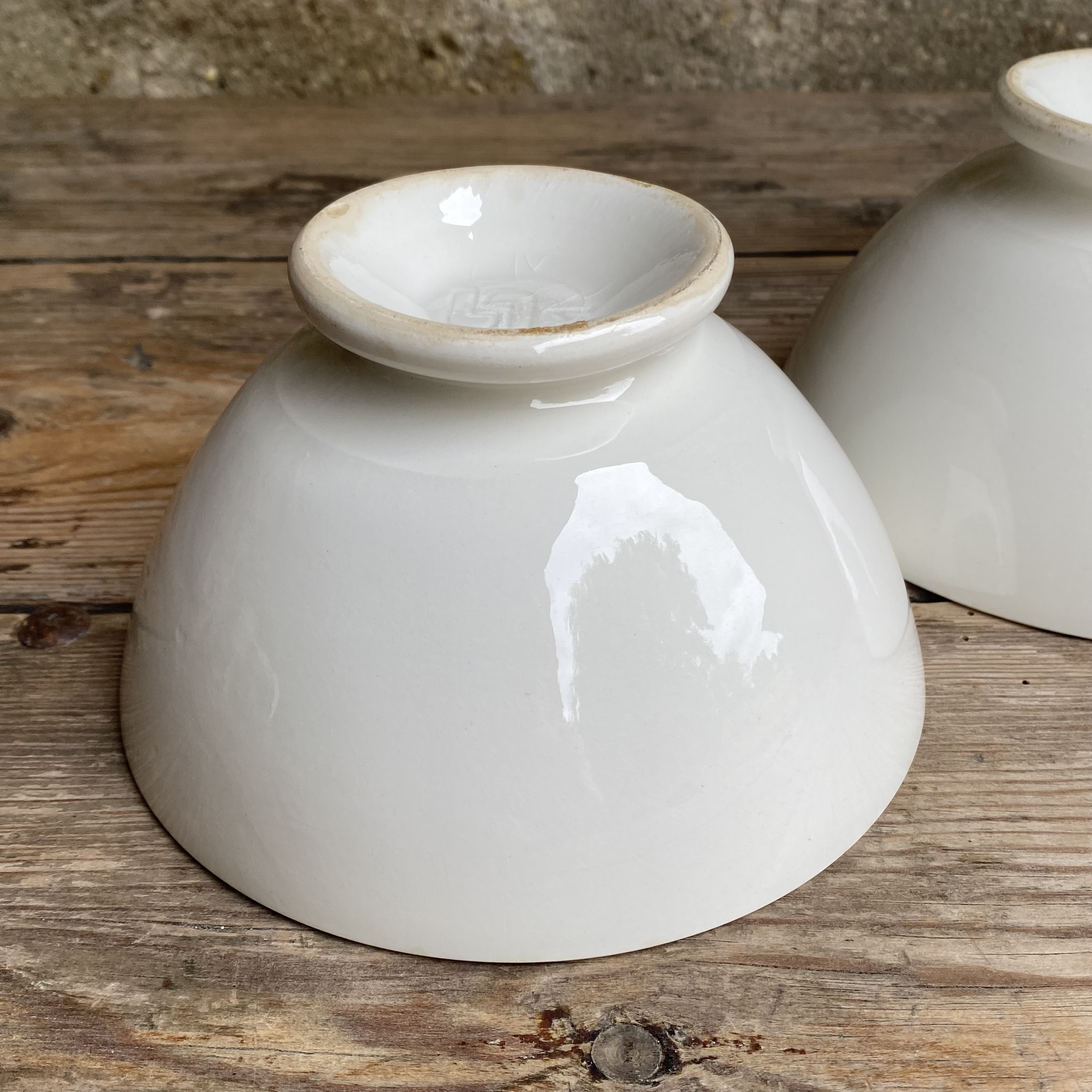 AW2011134 Set of two large, old French café au lait bowls with blind stamps in beautiful condition! Size: 9 cm high / 16 cm cross section