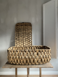 OV20110979 Old French basket made of woven chestnut bark. Still has a semi-original label that reveals its origins - manufacture Oradour - The French village where time has stood still since 1944. Size: 90L x 32H x 51W Pick up only!