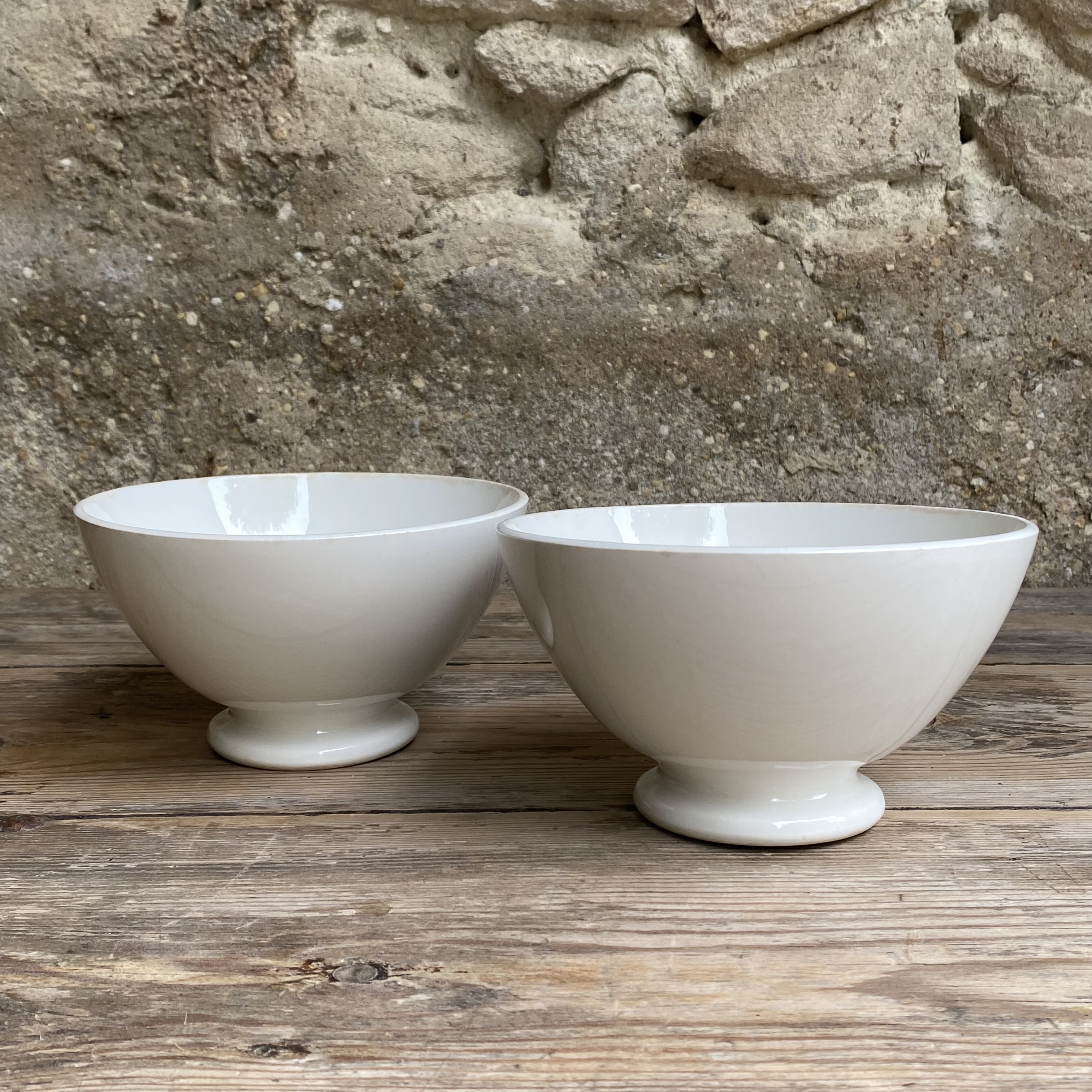 AW2011134 Set of two large, old French café au lait bowls with blind stamps in beautiful condition! Size: 9 cm high / 16 cm cross section