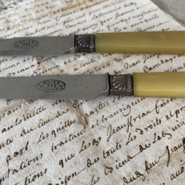 OV20110821 Set of 2 old French cheese knives, stainless steel blade with presumably yellow bakelite handle. In beautiful, still usable condition! Size: 20.5 cm. long