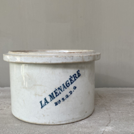 AW20111018 Grote antieke Franse - La Ménagère - pot in prachtige licht beboterde staat! Afmeting: 9,5 cm. hoog /  15 cm. doorsnede.