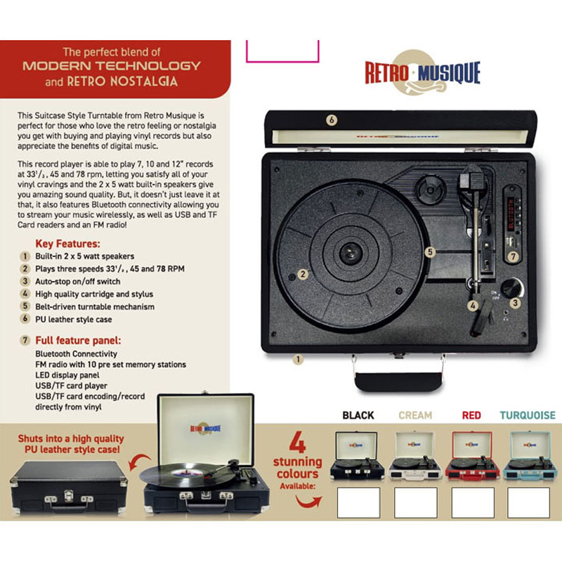Retro Musique Suitcase Style Bluetooth Record Player KXRM19 - Colour: black