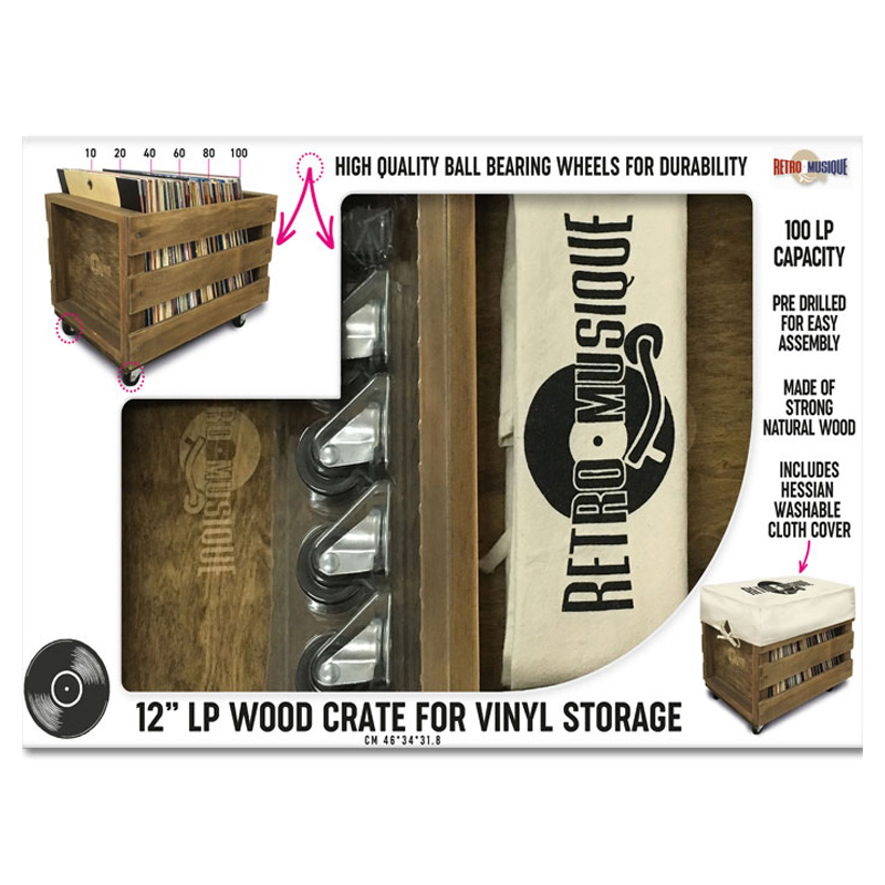 Retro Musique Schallplatten Holzbox mit Rollen - für ca. 100 Stück LPs
