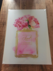 Glasschilderij Chanel Paris Gold Roze Bloemen 80x60cm