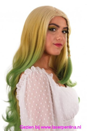 Pruik Rebecca lang blond/groen