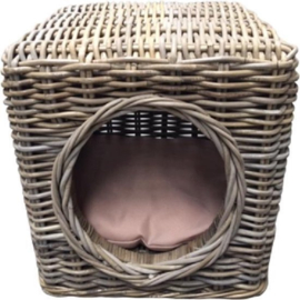 Kattenmand OUtdoor KUBU riet 42 x 42 x 42 cm + Taupe gewatteerd kussen