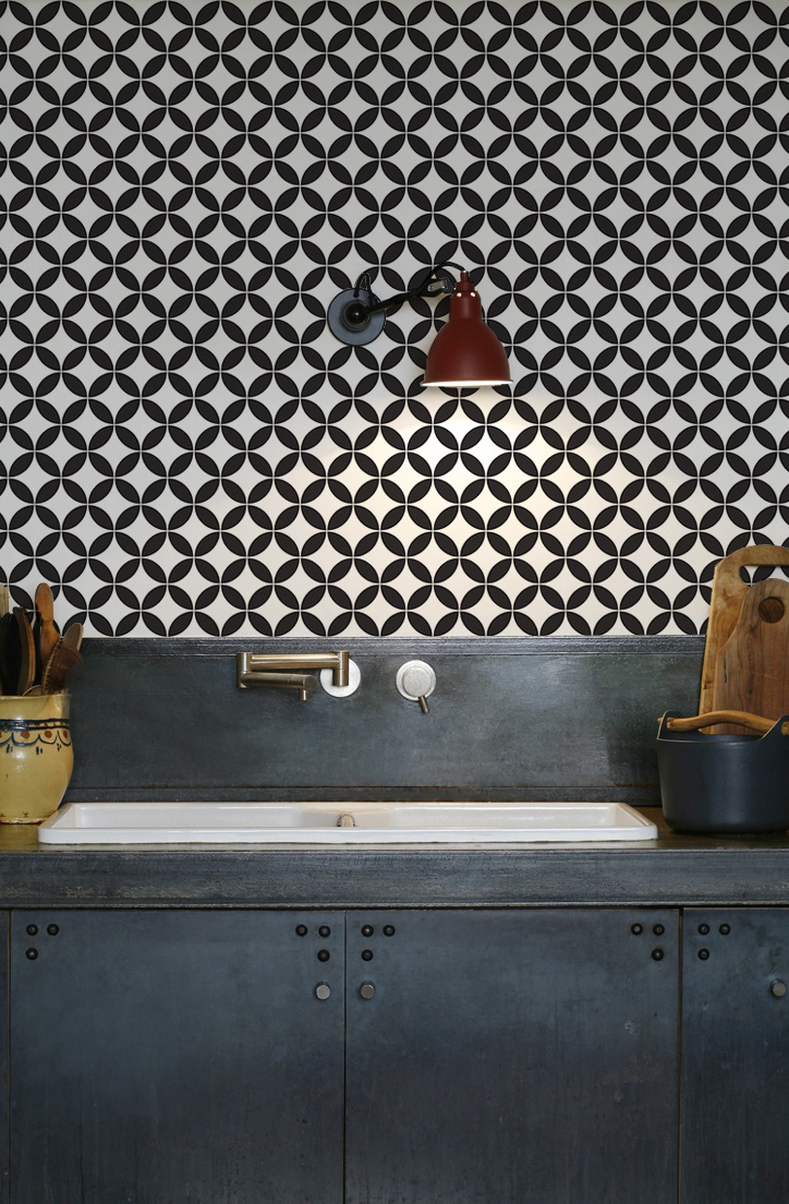kitchenwalls_wallpaper_backsplash_circle black white industrial kitchen