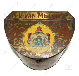 Boîte vintage semi-cylindrique colorée pour Van Melle Toffees avec couvercle à valve et image de différentes sortes de fruits