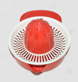 Vintage plastic 1970s hand lemon squeezer made by Emsa in red/white