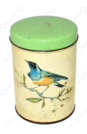 Vintage hoog rond koekblik van De Gruyter met blauw-oranje vogel en groen deksel